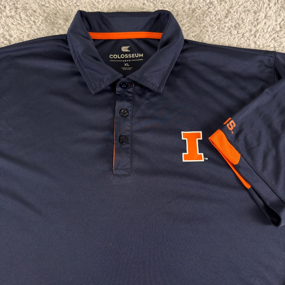 Colosseum Mens Illinois Fighting Illini Polo Shirt XL Navy Blue Orange NCAA